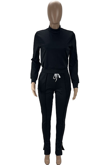 Black Euramerican Women Solid Color Long Sleeve Split Pants Sets KXL862-1