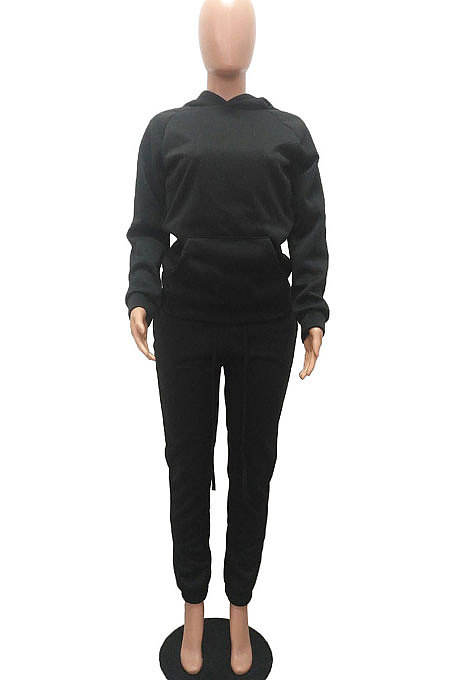 Blue Women Autumn Winter Wool Hooded Fleece Solid Color Casual Sport Pants Sets MR2127-3