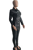 Coffee Women PU Leather Long Sleeve Pure Color Cardigan Pencil Pants Sets LD8226-3