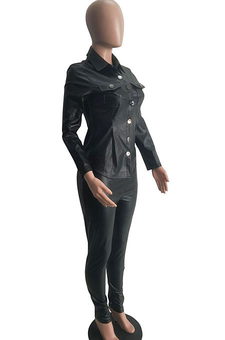 Coffee Women PU Leather Long Sleeve Pure Color Cardigan Pencil Pants Sets LD8226-3