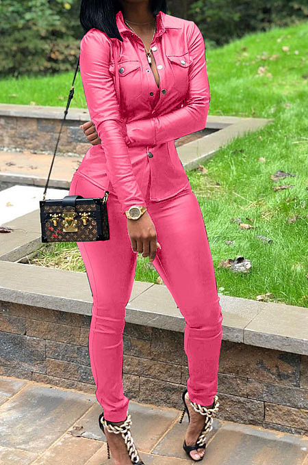 Pink Women PU Leather Long Sleeve Pure Color Cardigan Pencil Pants Sets LD8226-2
