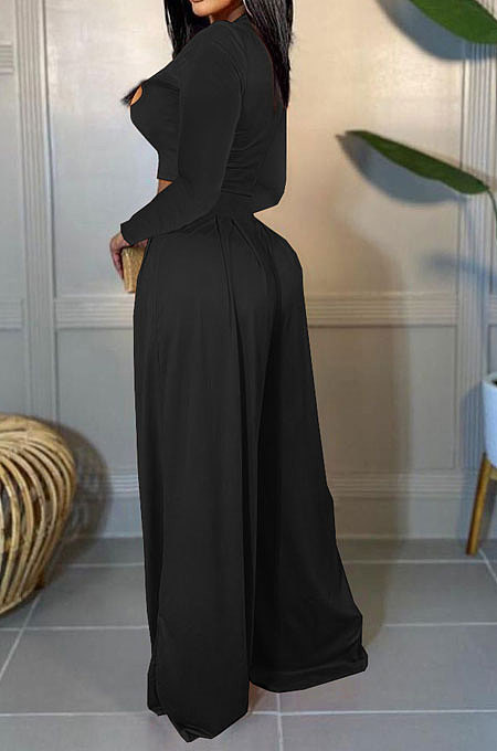 Black Women Solid Color Long Sleeve Hollow Out Casual Pants Sets GB8036-1