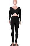 Black Women Kink Tops Solid Color V Collar Sweater Pants Sets MA6610-1