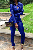 Pink Women PU Leather Long Sleeve Pure Color Cardigan Pencil Pants Sets LD8226-2