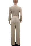 Apricot Women Solid Color Long Sleeve Hollow Out Casual Pants Sets GB8036-2
