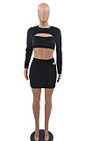 Pink Women Korea Velvet Sexy Fashion Hollow Out Dew Waist Skirts Sets QMX1014-1