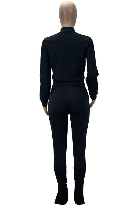 Black Euramerican Women Solid Color Long Sleeve Split Pants Sets KXL862-1