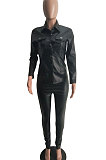 Pink Women PU Leather Long Sleeve Pure Color Cardigan Pencil Pants Sets LD8226-2