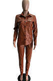 Pink Women PU Leather Long Sleeve Pure Color Cardigan Pencil Pants Sets LD8226-2