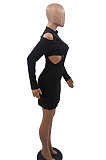 Black Women Long Sleeve Sexy Solid Color Single Strap Dew Waist Hollow Out Mini Dress QMX1018-2