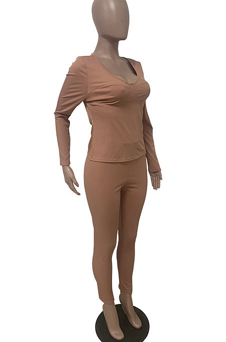Black Autumn Winter Women Long Sleeve Pure Color Ruffle Round Collar Tight Pants Sets LD81054-2