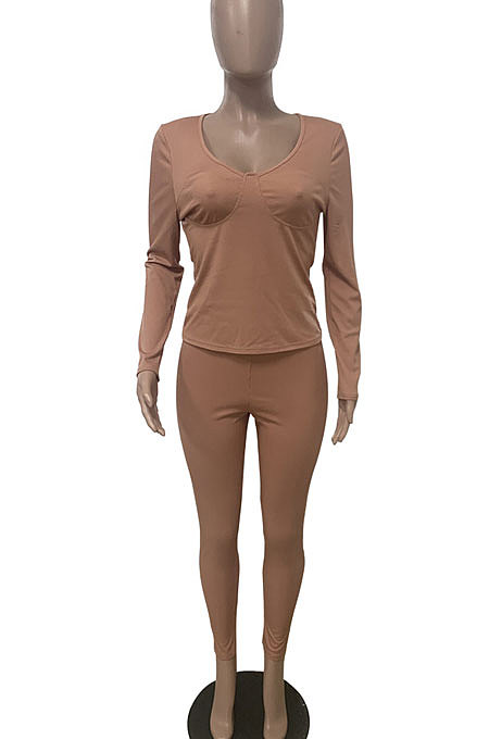 Black Autumn Winter Women Long Sleeve Pure Color Ruffle Round Collar Tight Pants Sets LD81054-2