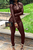 Pink Women PU Leather Long Sleeve Pure Color Cardigan Pencil Pants Sets LD8226-2