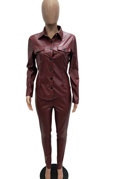 Black Women PU Leather Long Sleeve Pure Color Cardigan Pencil Pants Sets LD8226-1
