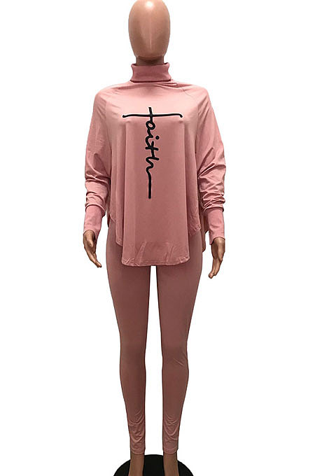 Pink Women Fashion Casual Letters Printing Batwing Sleeve Split Split Ribber Pants Sets MR2126-1