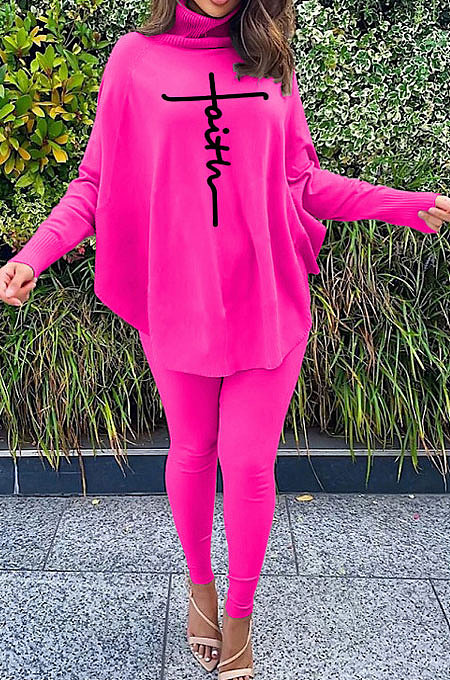 Pink Women Fashion Casual Letters Printing Batwing Sleeve Split Split Ribber Pants Sets MR2126-1