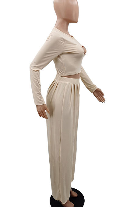 Wine Red Women Solid Color Long Sleeve Hollow Out Casual Pants Sets GB8036-3