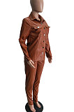 Pink Women PU Leather Long Sleeve Pure Color Cardigan Pencil Pants Sets LD8226-2