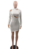 Black Women Long Sleeve Sexy Solid Color Single Strap Dew Waist Hollow Out Mini Dress QMX1018-2
