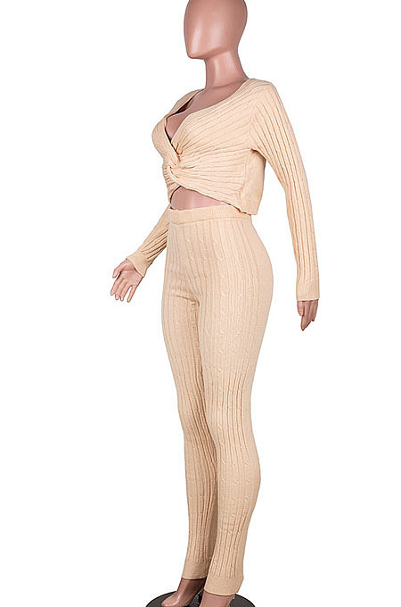 Red Women Kink Tops Solid Color V Collar Sweater Pants Sets MA6610-2