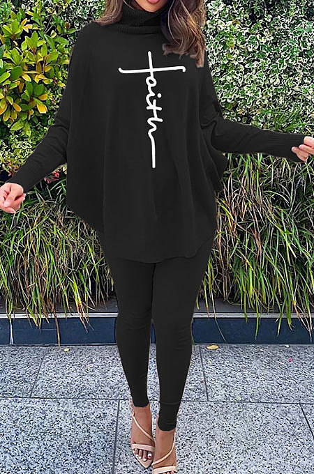 Black Women Fashion Casual Letters Printing Batwing Sleeve Split Split Ribber Pants Sets MR2126-4