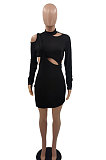 Black Women Long Sleeve Sexy Solid Color Single Strap Dew Waist Hollow Out Mini Dress QMX1018-2