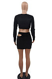 Black Women Korea Velvet Sexy Fashion Hollow Out Dew Waist Skirts Sets QMX1014-2