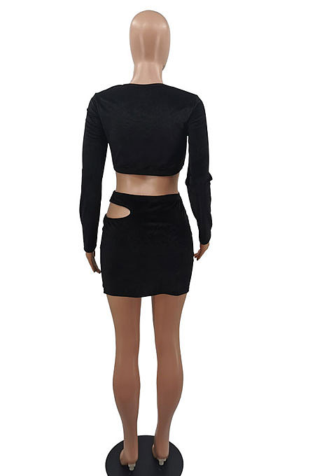 Black Women Korea Velvet Sexy Fashion Hollow Out Dew Waist Skirts Sets QMX1014-2