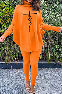 Orange Women Fashion Casual Letters Printing Batwing Sleeve Split Split Ribber Pants Sets MR2126-2