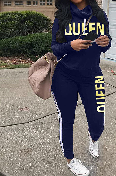 Black Women Pullover Fleece Half Turtle Neck Irregular Pants Sets LD8483-2