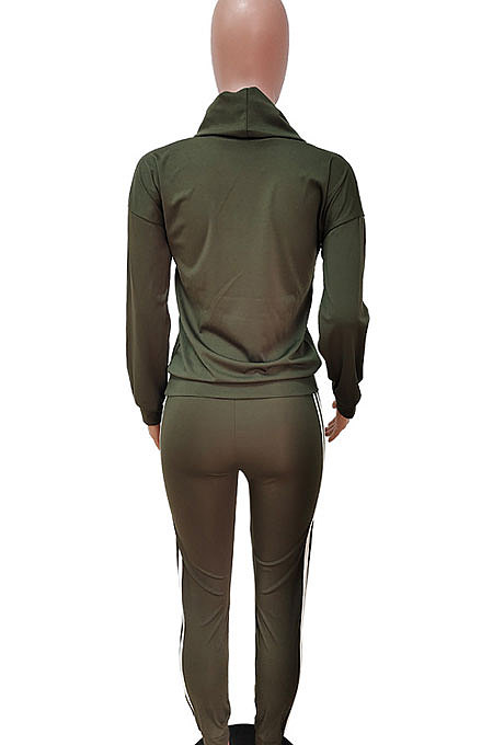 Army Green Women Pullover Fleece Half Turtle Neck Irregular Pants Sets LD8483-4