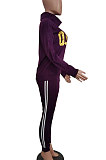 Purple Women Pullover Fleece Half Turtle Neck Irregular Pants Sets LD8483-1