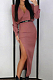 Two Layer Plunge Neck Split Side Long Dress in Lotus Red