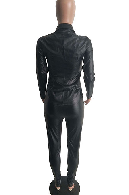 Pink Women PU Leather Long Sleeve Pure Color Cardigan Pencil Pants Sets LD8226-2