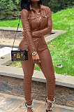 Pink Women PU Leather Long Sleeve Pure Color Cardigan Pencil Pants Sets LD8226-2