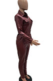 Royal Blue Women PU Leather Long Sleeve Pure Color Cardigan Pencil Pants Sets LD8226-4