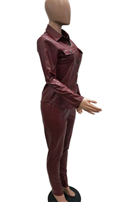 Royal Blue Women PU Leather Long Sleeve Pure Color Cardigan Pencil Pants Sets LD8226-4