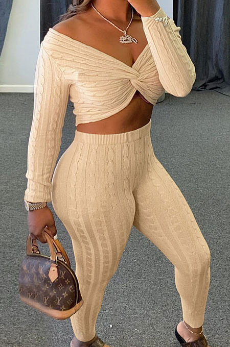 Apricot Women Kink Tops Solid Color V Collar Sweater Pants Sets MA6610-6
