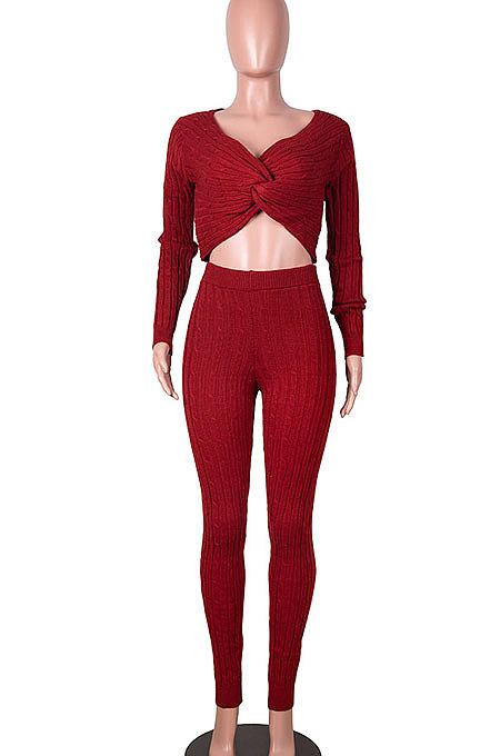 Red Women Kink Tops Solid Color V Collar Sweater Pants Sets MA6610-2