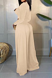 Apricot Women Solid Color Long Sleeve Hollow Out Casual Pants Sets GB8036-2