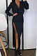 Two Layer Plunge Neck Split Side Long Dress in Black