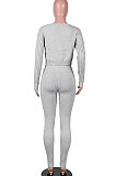Gray Women Kink Tops Solid Color V Collar Sweater Pants Sets MA6610-3
