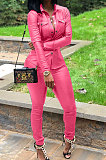 Black Women PU Leather Long Sleeve Pure Color Cardigan Pencil Pants Sets LD8226-1