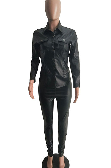 Royal Blue Women PU Leather Long Sleeve Pure Color Cardigan Pencil Pants Sets LD8226-4