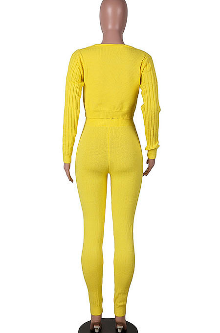 Apricot Women Kink Tops Solid Color V Collar Sweater Pants Sets MA6610-6