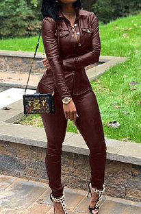 Wine Red Women PU Leather Long Sleeve Pure Color Cardigan Pencil Pants Sets LD8226-5
