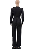 Apricot Women Solid Color Long Sleeve Hollow Out Casual Pants Sets GB8036-2