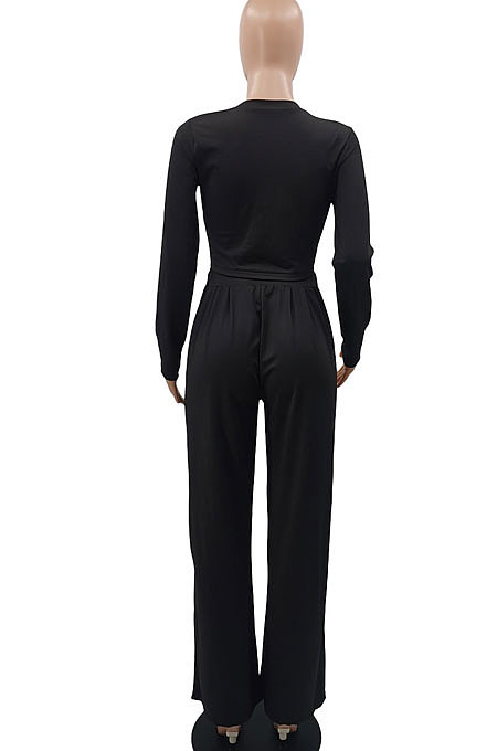 Wine Red Women Solid Color Long Sleeve Hollow Out Casual Pants Sets GB8036-3