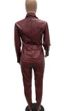Coffee Women PU Leather Long Sleeve Pure Color Cardigan Pencil Pants Sets LD8226-3