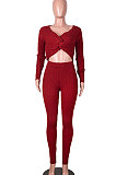 Pink Women Kink Tops Solid Color V Collar Sweater Pants Sets MA6610-5